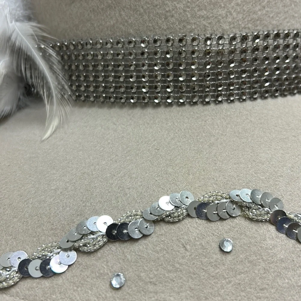 Vintage Donna Vinci Couture | Wool Church‎ Hat Light Beige Sequins Mesh Feathers